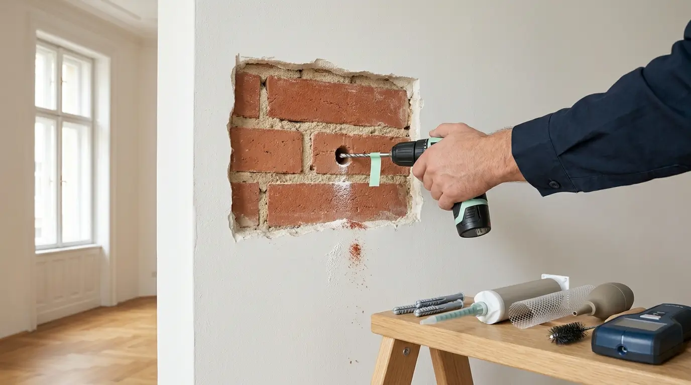 Drill hole in an old wall showing the plaster layer and red brick behind it