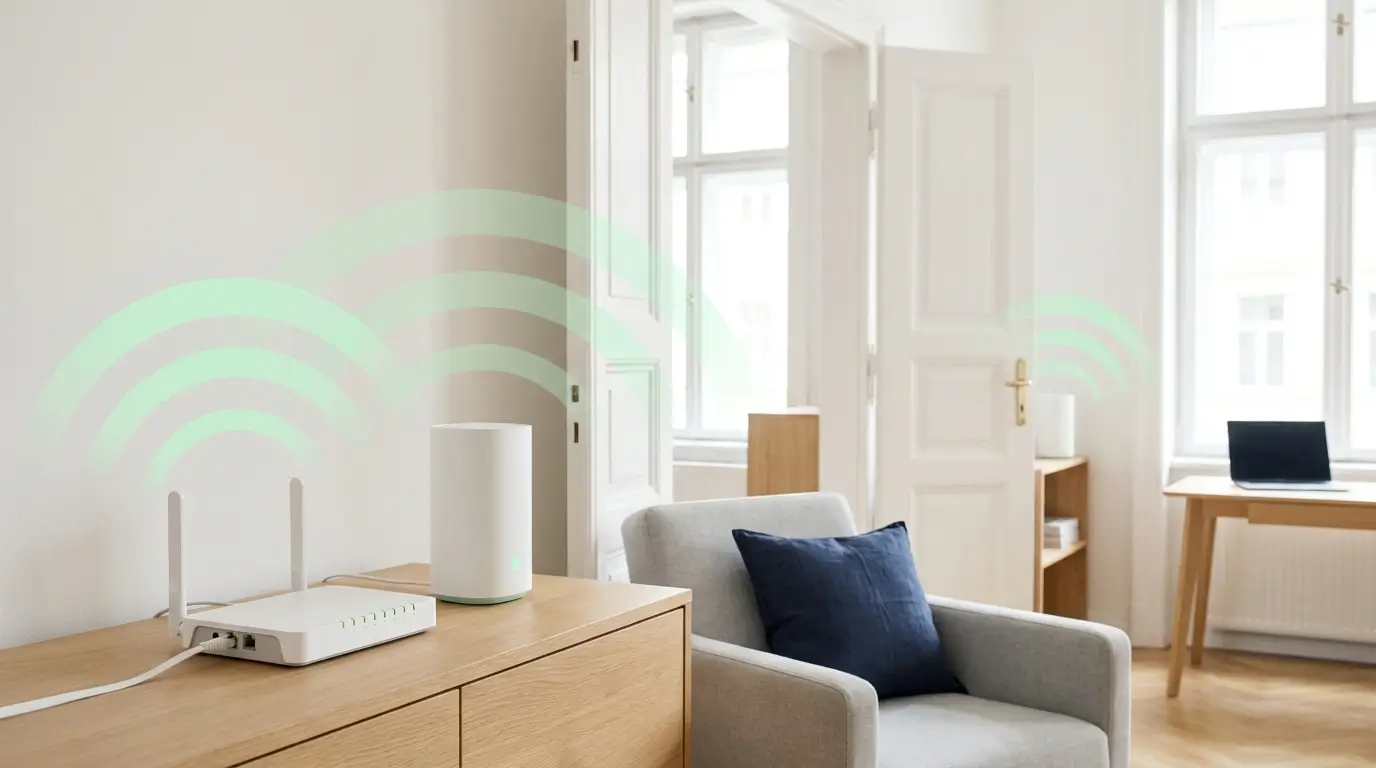 Mesh Wi-Fi unit in the hallway of a period apartment