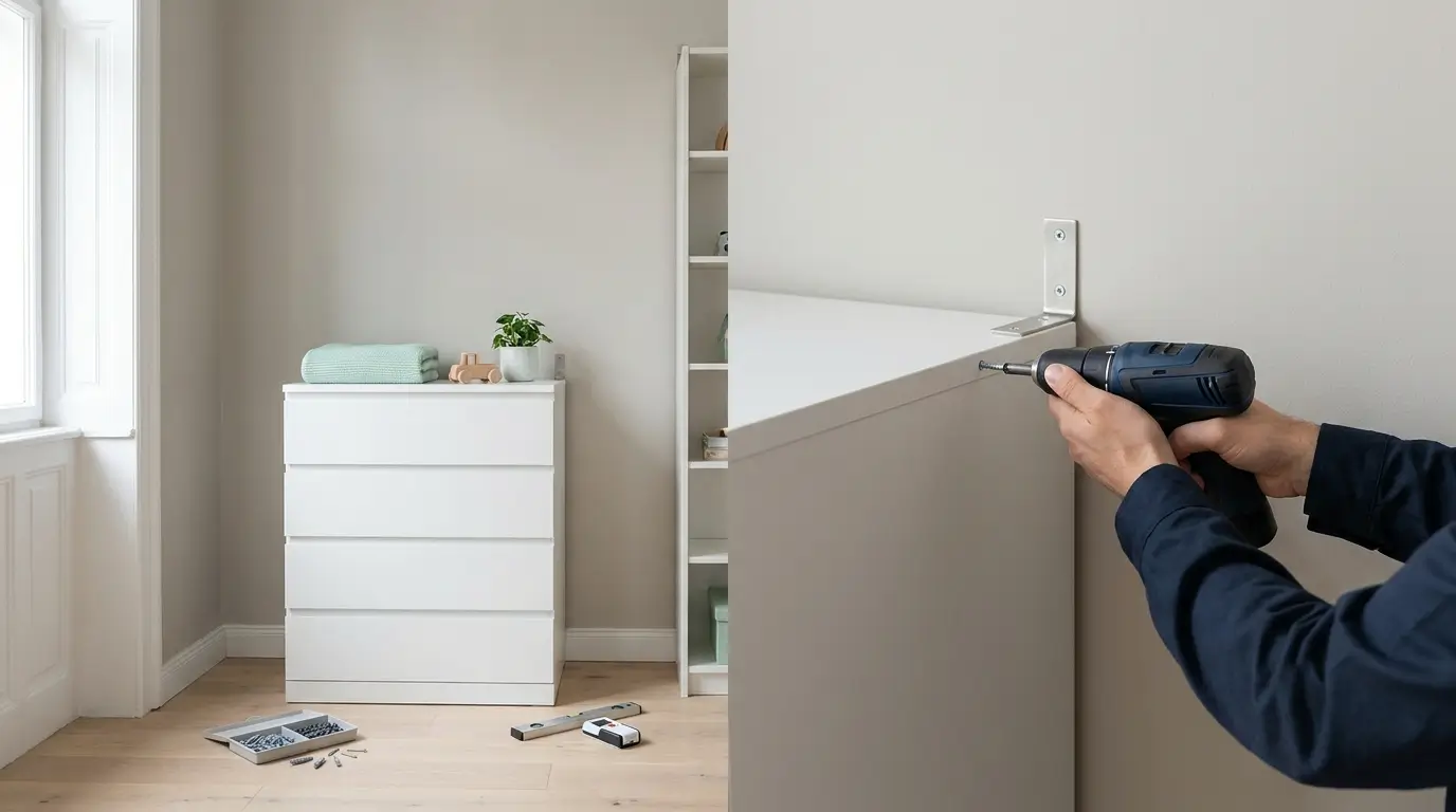 Weiße Kommode im Kinderzimmer, oben mit einem Halter an der Wand verankert
