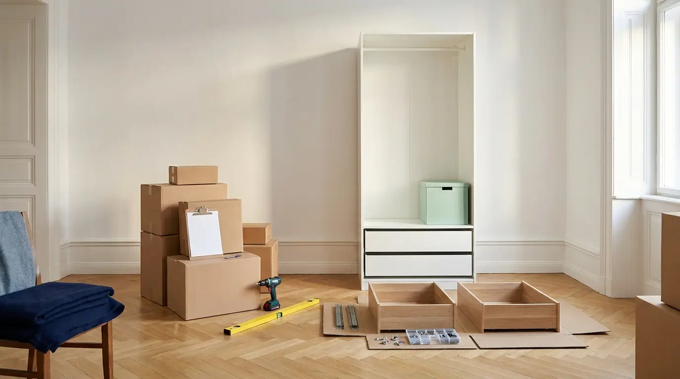 Halb aufgebauter IKEA Schrank mit Werkzeug und Kartons in einer hellen Wohnung